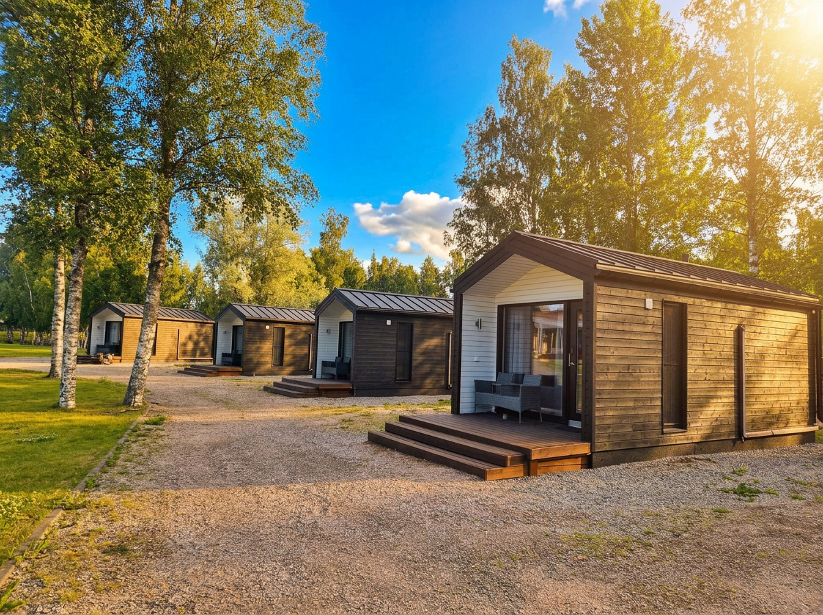 Rivi moderneja mökkejä koivikon keskellä
