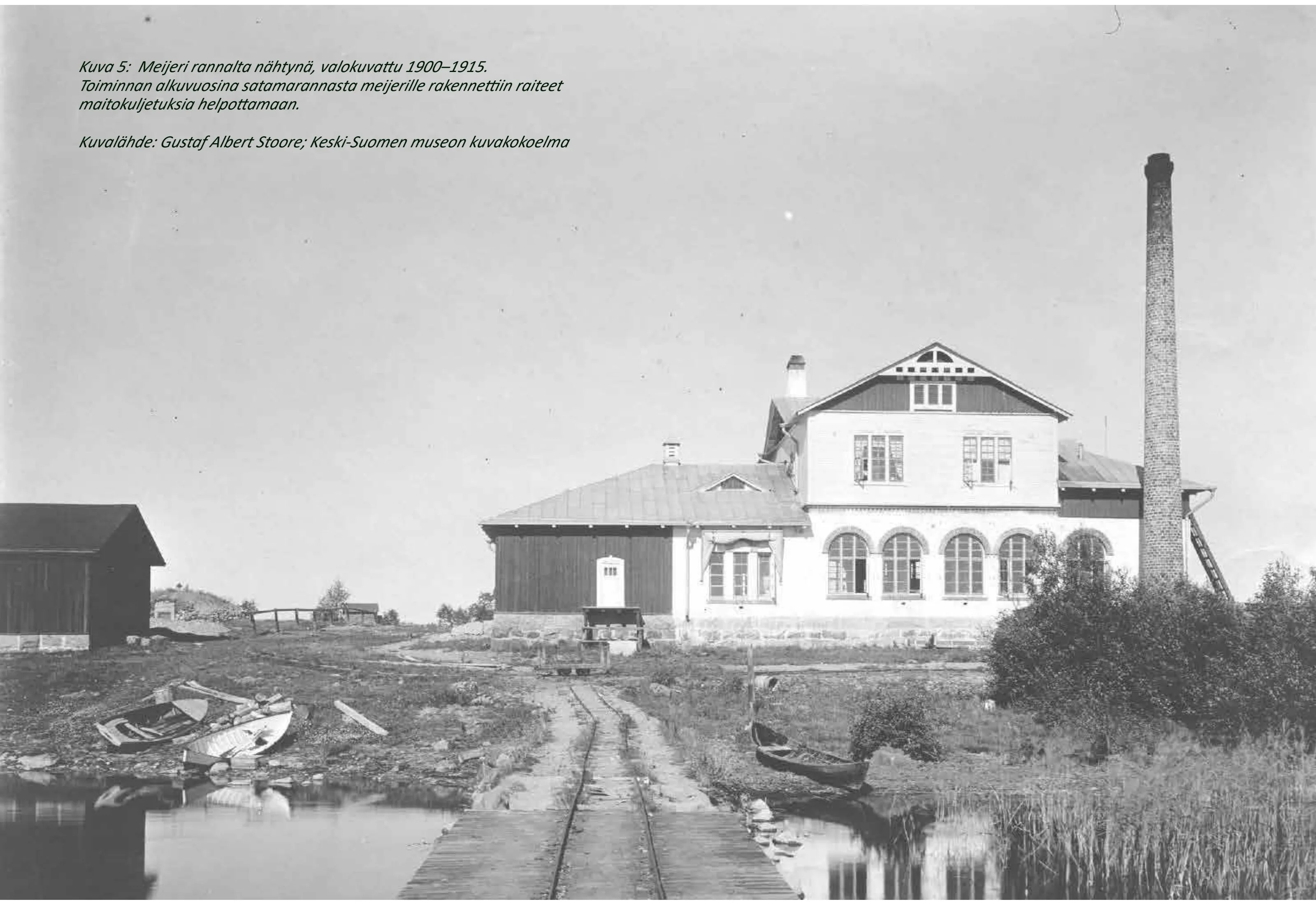 Meijeri rannalta nähtynä, raiteet maitokuljetuksia varten
