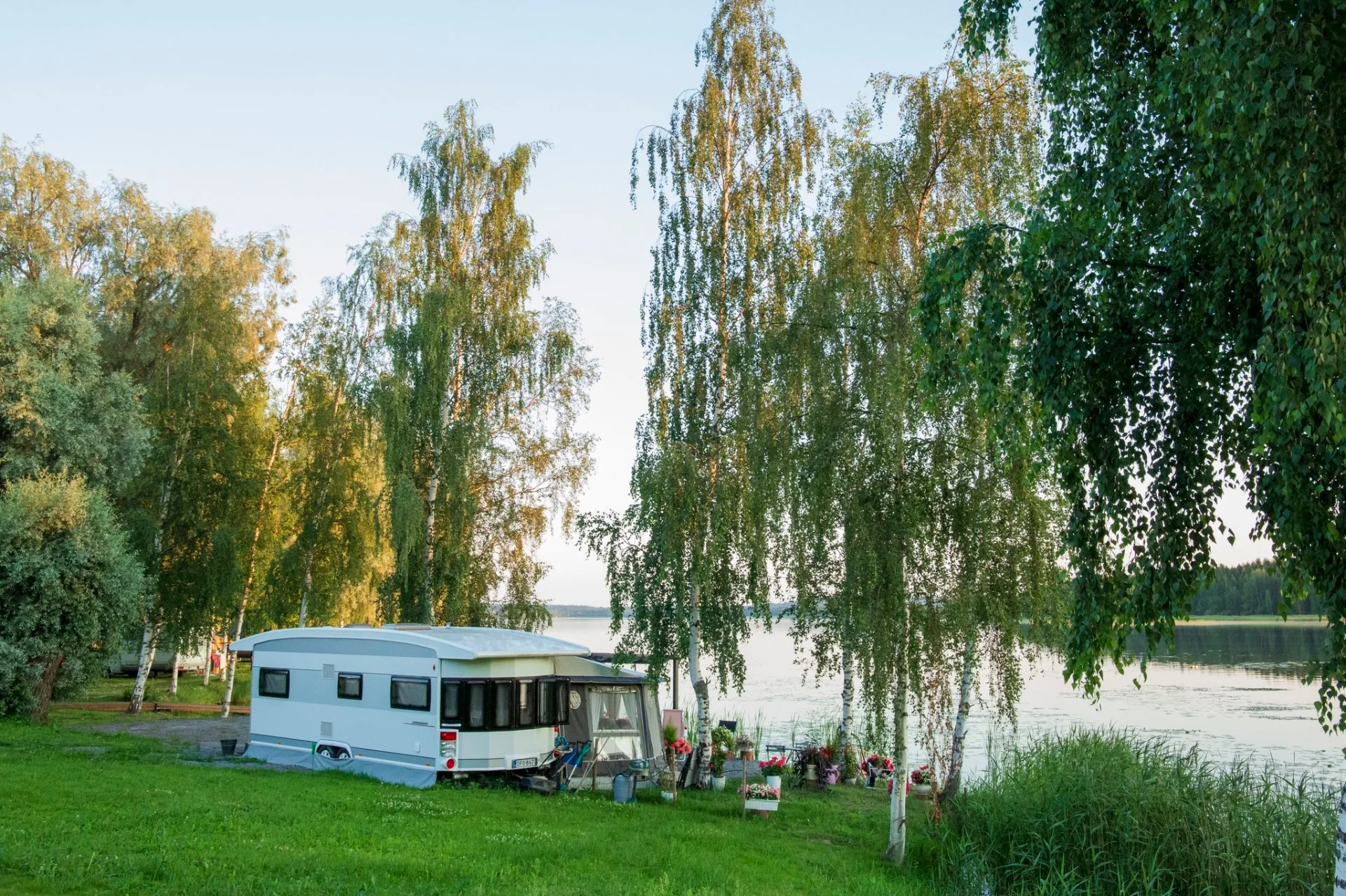 Matkailuvaunu Päijänteen rannalla koivujen katveessa